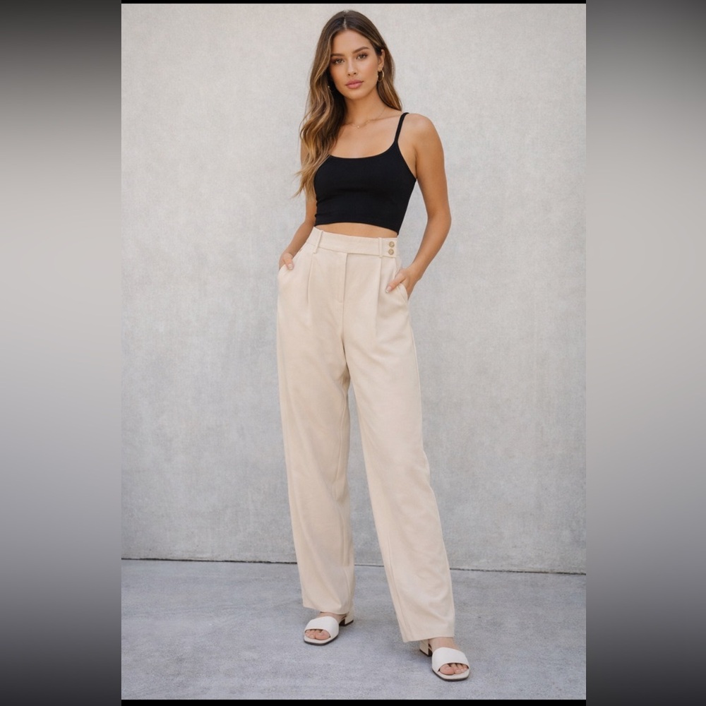 OAK +‎ FORT High Waisted Pleated Beige Wide Leg Trousers